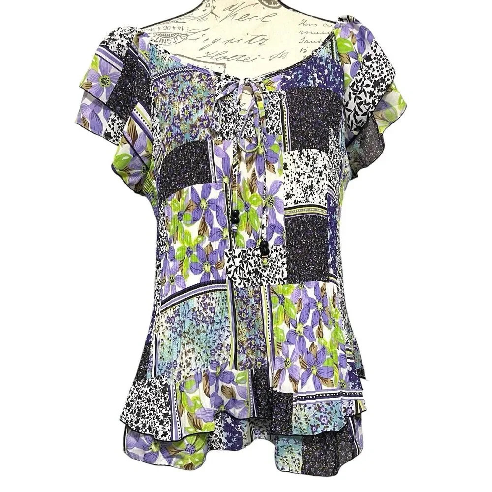 Signature by Larry Levine Blouse Women 2X Purple Patchwork Floral Flutter Sleeve